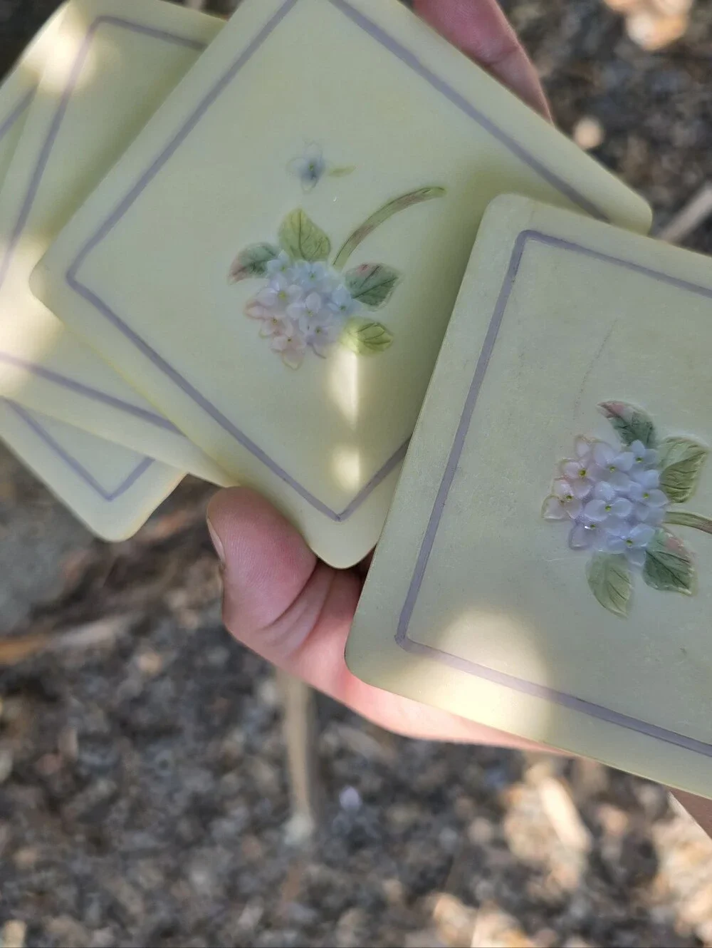 Vtg Dragonfly and Hydrangeas Pastel Coaster Set of 4 Resin 3D Cottagecore Shabby